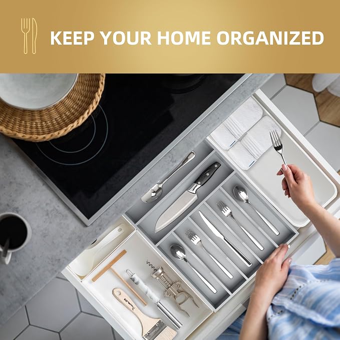 Besilord Silverware Organizer 13 Inch Gray Bamboo Kitchen Drawer Organizer 7 Slots Utensil Organizer Silverware Holder Cutlery Organizer Flatware Tray (Large)