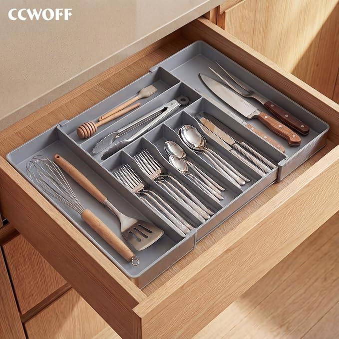 Heavy Duty Stainless Steel Frame Silverware Organizer with Plastic Body, Extra Large Silverware Drawer Organizer, 9 Slot Expandable Kitchen Drawer Organizer, 8 Non-Slip Feet Included, BPA Free, Gray