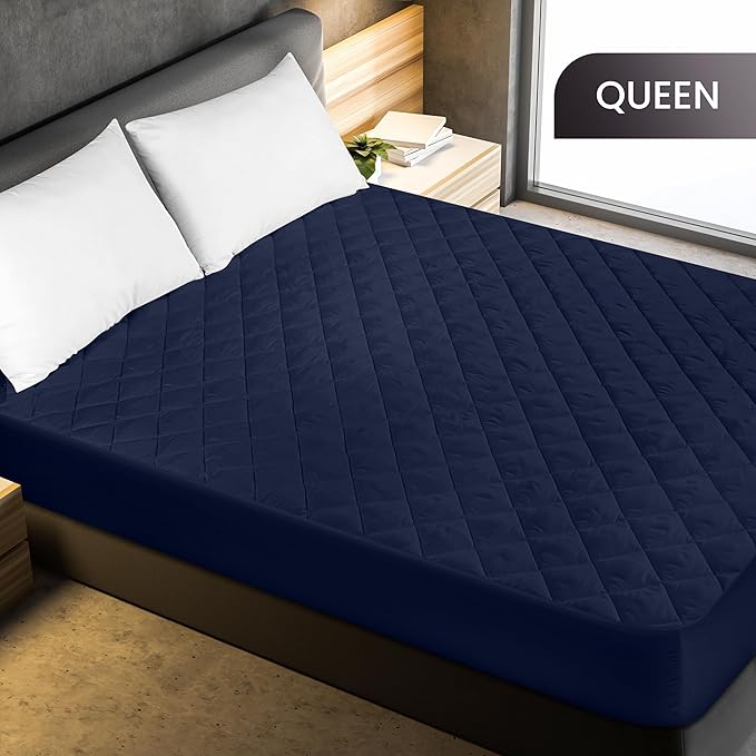 Quilted Fitted Mattress Pad, Queen Mattress Protector Topper with Deep Pocket Stretches up to 16 Inches, Machine Washable Mattress Cover by Utopia Bedding (Navy)