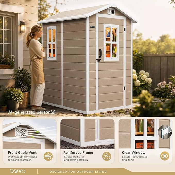 DWVO Outdoor Storage Shed 4.4×6FT, Plastic Garden Shed with 2 Windows | Resin Outdoor Tool Shed with Floor, Door Handle & Lock, Vents for Backyard Patio, Stores Bike Garden Tools, Beige