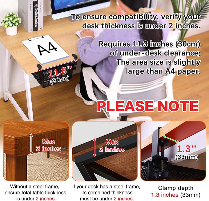 ROSYLINE Under Desk & Desktop Drawer Organizer, 2-Tier Big Capacity (Black) | Steel Construction, Clip-On No Drill Installation, Fits A4 Paper, for Office & Household Supplies