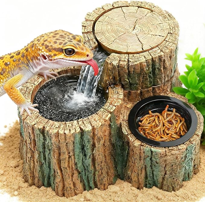 MIXJOY 2 in 1 Reptile Water Fountain with Food Dish 550ML, Reptile Waterfall Drinking Fountain with Adjustable Flow, Natural Resin, Reptile Water Dispenser for Bearded Dragon Gecko Lizard Chameleon