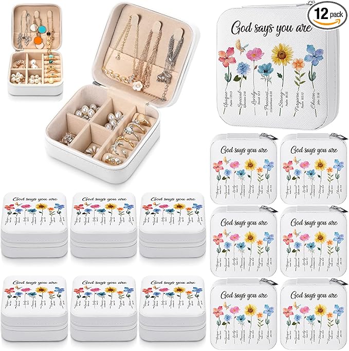 Kacctyen 12 Pieces Mini Travel Gift Jewelry Case Bulk God Says You Are Gifts for Women Christian with Flowers Mother's Day Church Gift for Secretary Day Birthday Inspirational Leather Jewelry Case