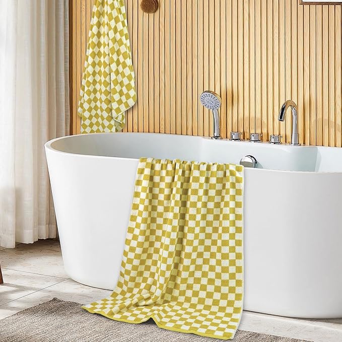 Jacquotha Luxury Bath Towels - Pack of 2, Mustard Yellow Checkered | Cotton Fall Bathroom Towels Sets for Body Drying 55x27.5 Inches