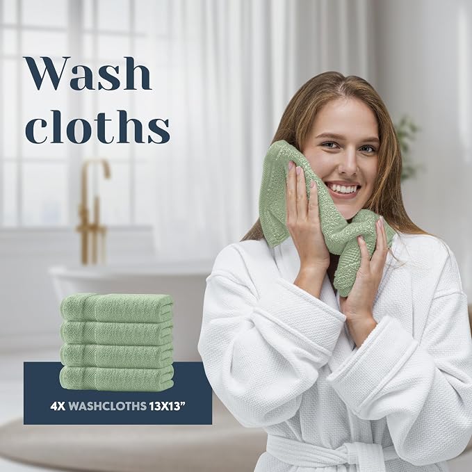 White Classic Luxury Bath Towel Set of 8 Pieces - 100% Turkish Cotton Highly Absorbent Towels for Bathroom, 2 Luxury Bath Towels 700GSM, 2 Hand Towels, 4 Washcloths, Mint Green