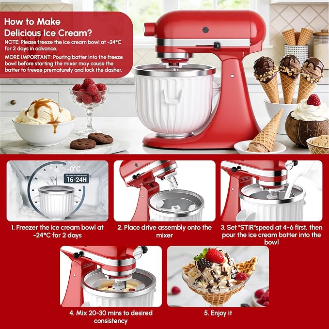Ice Cream Maker Attachment for KitchenAid Stand Mixer | 2 Quart Ice Cream Bowl, Fits for KitchenAid 4.5 Qt & Larger Models - Homemade Ice Cream, Gelato & Sorbet, Ice Cream Machine