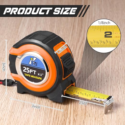 Youyole 10 Pack Tape Measure with Fractions 1/8 Steel Measuring Tape Retractable Easy Read Measurement Ruler Steel Power Blade (25 ft X 1 in,Orange)