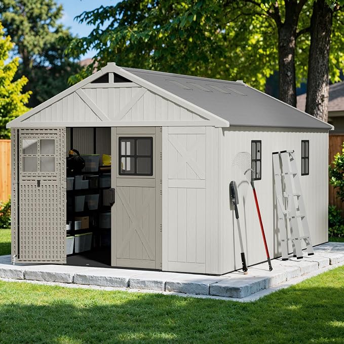 Devoko 10x14 FT Plastic Storage Shed with Floor, Large Resin Tool Outdoor Shed with Lockable Door & Windows, Outside Garden Storage Shed for Patio Backyard Lawn, Beige