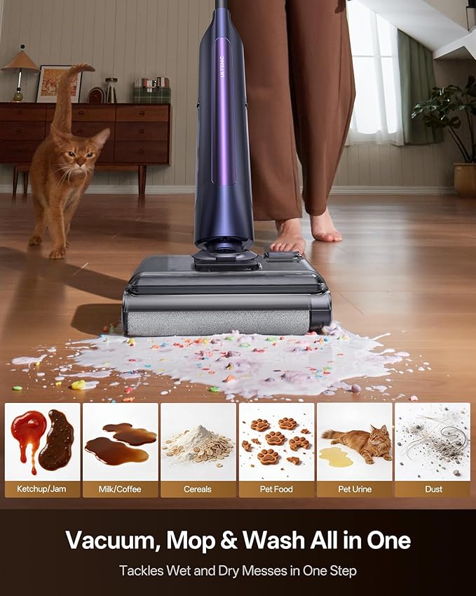Ultenic Wet Dry Vacuum Cleaner, Vacuum Mop for Wet & Dry Messes, 180° Lay-Flat & Auto Self-Cleaning, 60Mins Runtime ＆ Edge-Cleaning, Anti-Tangle Roller for Hard Floor and Pet Hair, AC1 TriFlex Violet