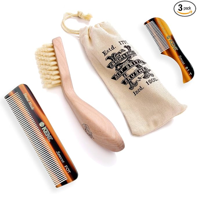 Kent Beard & Mustache Grooming Kit Includes BRD2 White Boar Bristle Beard Brush, 81T Handmade Sawcut Comb, and FOT Fine Tooth Beard Comb for Men’s Care
