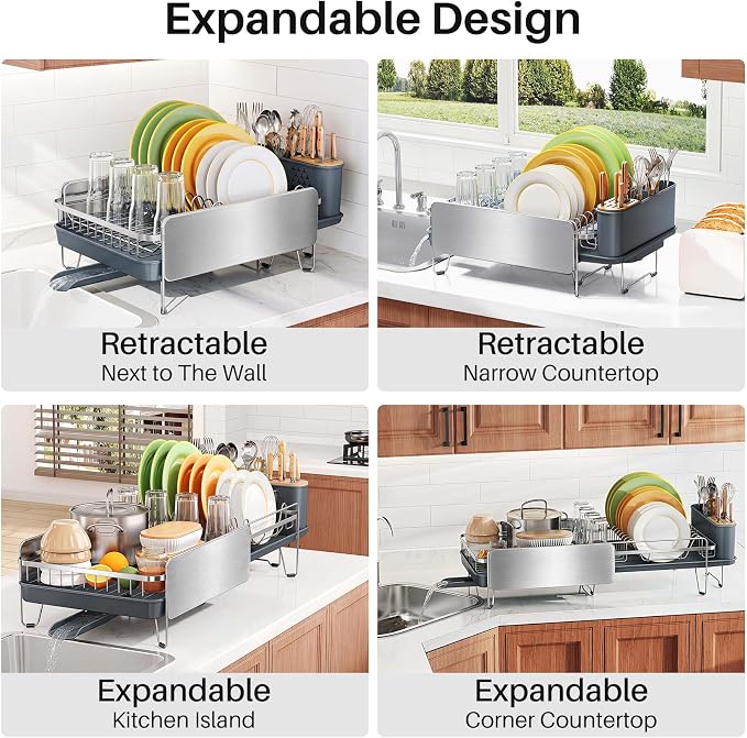 SNTD Dish Drying Rack - Large Dish Racks for Kitchen Counter, Expandable Dish Drainers with Cutlery Holder Stainless Steel Rustproof (Silver)