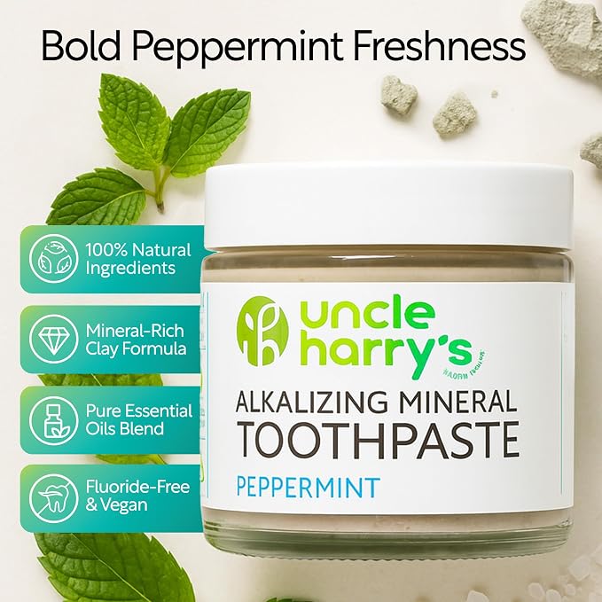 Uncle Harry's Peppermint Remineralizing Toothpaste | Natural Whitening Tooth Paste Freshens Breath & Promotes Enamel | Vegan Fluoride Free Toothpaste (4 Pack)