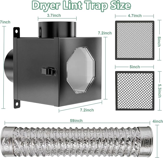 Dryer Lint Trap, Metal Dryer Duct Lint Trap Lint Catcher Collector Box with 90 Degree Dryer Vent Elbow, Secondary laundry lint catcher Connector Kit for Electric Dryer - Easy to Install & Maintain