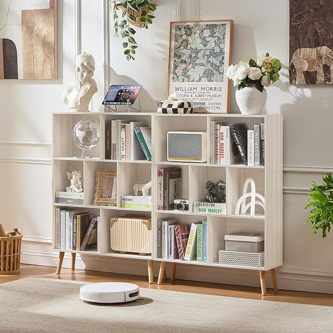 LEYAOYAO Cube Bookshelf, Mid-Century Modern Book Shelf with Legs,Light Grey | 3 Tier Bookcase, Rustic Wood Bookshelves Freestanding Small Storage Organizer, Open Shelves for Bedroom, Living Room, Office