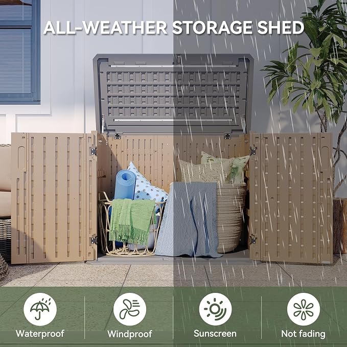 Aoxun Outdoor Storage Cabinet, 35 Cu Ft Waterproof Portable Horizontal Resin Shed Outdoor Storage for Garbage Bin, Generators & Yard Gear, and Lawn Mower (Brown)
