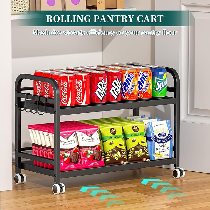 2-Tier Expandable Rolling Cart, Pantry Storage Cart with Wheels, Adjustable Rolling Pantry Floor Organizer, Metal Under Desk Cart, Can Storage & Snack Organizer for Kitchen Pantry, Black