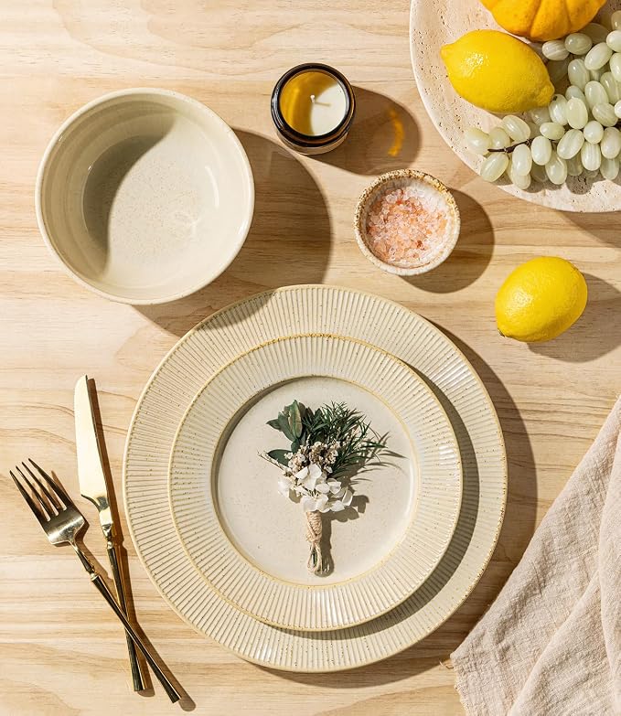 TheTerra Ceramic Dinnerware Sets for 4, 12 Pieces Porcelain Lightweight Plates and Bowls Sets, Scratch Resistant Dish Set, Oven, Microwave & Dishwasher Safe, Cream Latte