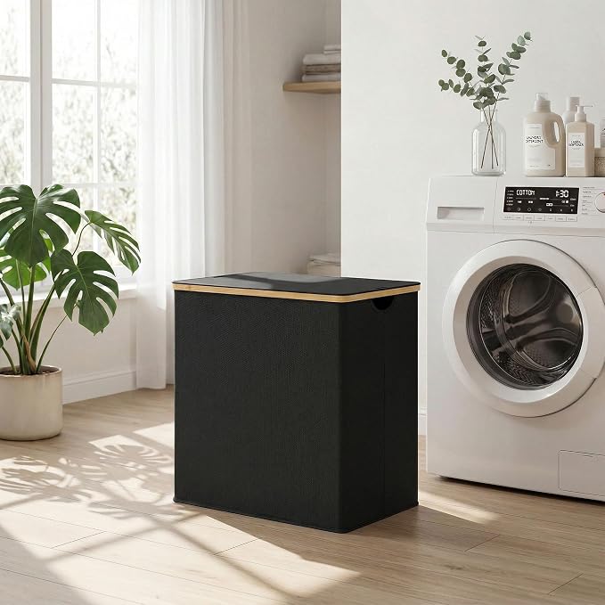 efluky Laundry Hamper with Lid, Double Laundry Basket with 2 Removable Bags, 2 Section Laundry Bin with Bamboo Handles for Bathroom, Bedroom & Laundry Room, 140L (36.9 Gallon) Black