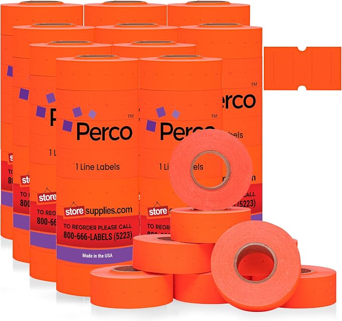 Perco 1 Line Fluorescent Red Labels - 80,000 Blank Price and Date Gun Labels for Perco Lite, X, Plus and Pro 1 Line Price and Date Guns- 80 Rolls, 10 Sleeves - Made in USA