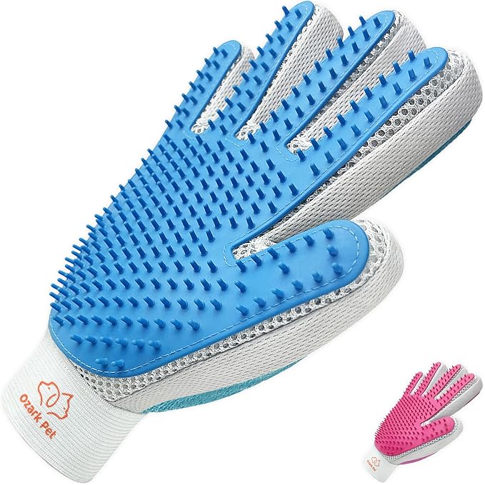 Pet Grooming Glove, 2 in 1 Glove with De-shedding and Hair Remover for Cat & Dog, No More Shedding and Flying Hairs (Blue, Right Hand)