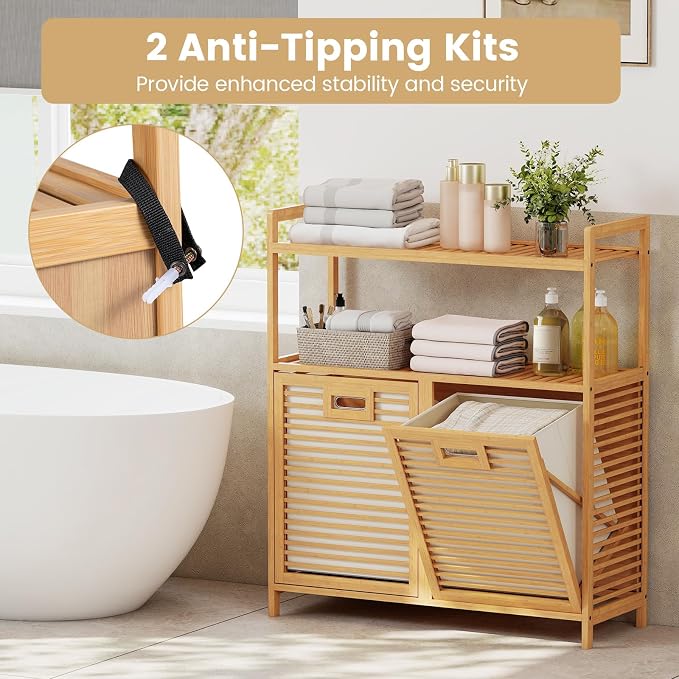 Giantex Double Tilt Out Laundry Hamper w/2-Tier Storage Shelf | 14 Gal Bamboo Laundry Storage Cabinet w/Removable Laundry Baskets, Laundry Sorter Organizer for Bathroom Living Room Bedroom