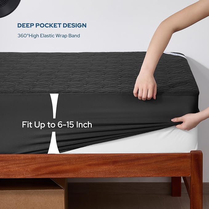 BEDLORE Waterproof Mattress Protector, Twin XL Size Mattress Pad with Deep Pocket 6"-15" Depth, Soft Breathable Dirt-Proof Bed Mattress Cover for Bedroom, College Dorm (Black)