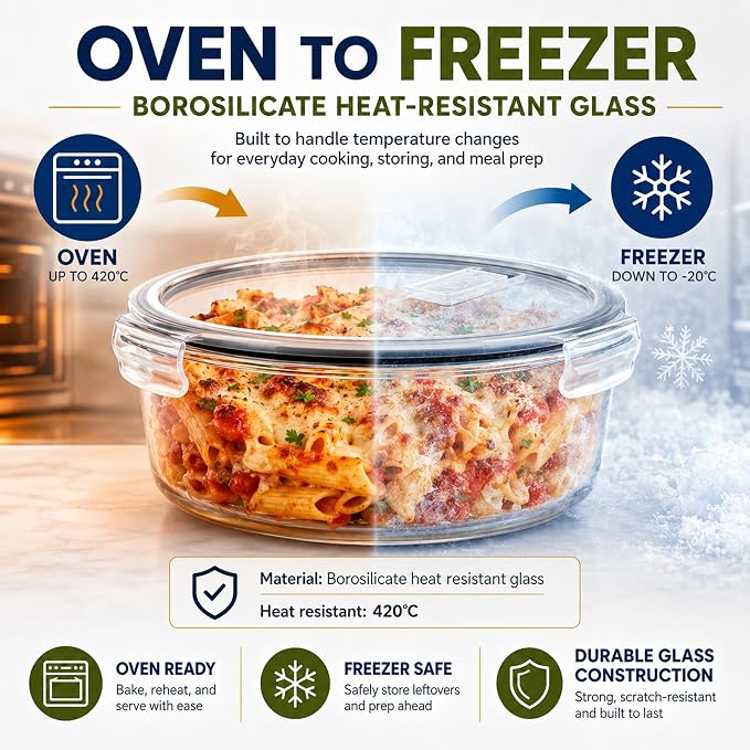 Sorbus Glass Meal Prep Containers Set, 8 Pack Round Borosilicate Glass Containers 32.7oz / 970ml, Airtight Vented Lids, Leakproof, BPA Free, Oven Microwave Freezer Dishwasher Safe, Stackable, 7x3 in