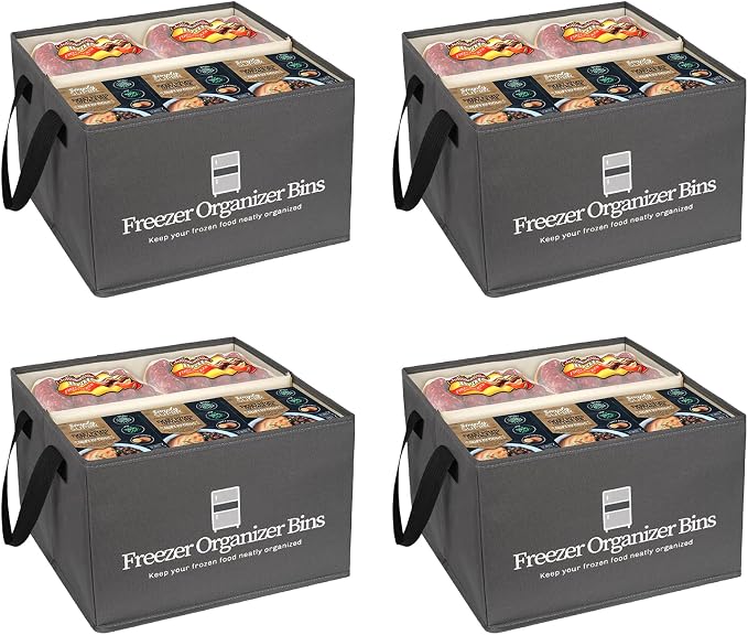 Flenpptly Freezer Organizer Bins, 4 Pack Freezer Storage Bins, Dark Grey | 15"x14"x9" Collapsible Deep Freezer Organizer Bins with Removable Dividers, Handles