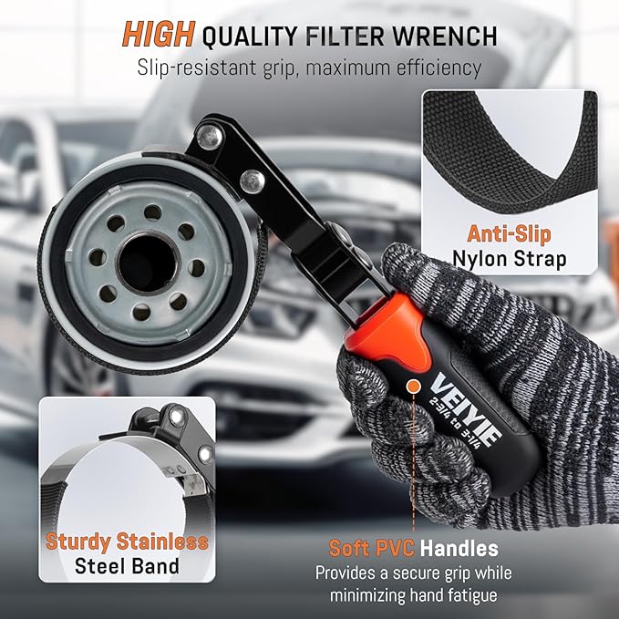Small Oil Filter Wrench, Oil Filter Removal Tool Fits Filters 2-3/4" to 3-1/4", with Nylon Anti-Slip Strap & 180° Swivel Head, Steel Band Filter Wrench for Compact Car Motorcycle Oil Change