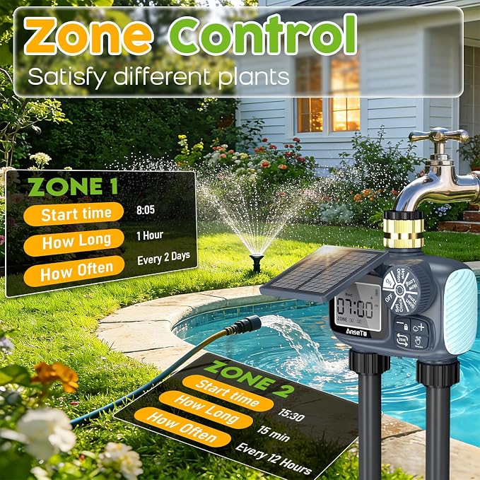Solar Sprinkler Timer,Brass Inlet Hose Timer for Garden Hose,Programmable Water Timers,Plant Watering Devices,Garden Watering System, Rain Delay/Manual/Automatic Irrigation System, 2 Outlet