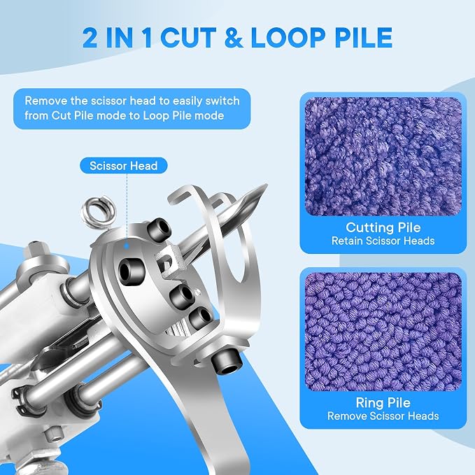 Vehipa Rug Tufting Gun with Carpet Trimmer Kit - 2 in 1 Cut Loop Pile Tufting Gun with Tufting Shears, Tufting Cloth, Yarn, Brushes, Scrapers for DIY Rug Making
