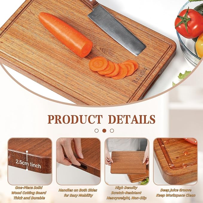 Solid Teak Wood Cutting Board Set One Piece Non Glued Large Thick Crack Resistant Wooden Chopping Board with DeepJuice Grooves Built in Handles for Kitchen Meat Bread 15x10.2IN &11.8 * 7.9IN