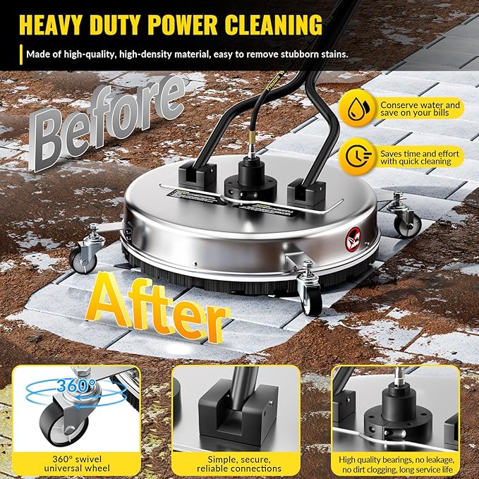 VELPAX 21 Inch Pressure Washer Surface Cleaner with 4 Wheels,Dual Handle,Stainless Steel Housing,4500 PSI Power Washer Accessory for Concrete, Patio, Sidewalk, Deck, Driveways and Daily Washing