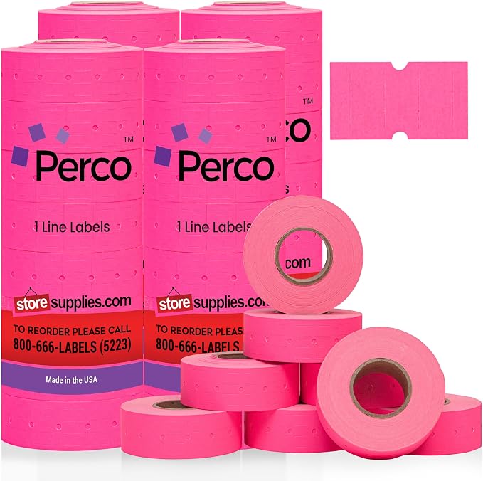 Perco 1 Line Fluorescent Pink Labels - 32,000 Blank Price and Date Gun Labels for Perco Lite, X, Plus and Pro 1 Line Price and Date Guns - 32 Rolls, 4 Sleeves - Made in USA