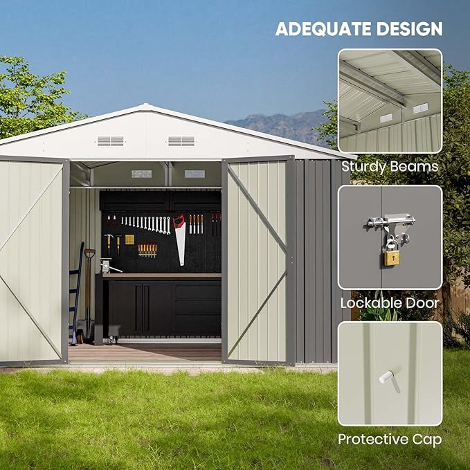 Patiowell Outdoor Storage Shed, 10 x 8 FT, Grey | Large Garden Tool Metal Shed, Sloping Roof, Double Lockable Door, For Backyard Garden Patio Lawn