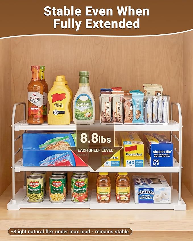 EVERIE Extendable 3-Tier Kitchen Cabinet & Pantry Organizer for Plastic Wrap, Foil & Storage Bags, Adjustable Heavy Duty Shelf Rack for Wrap Boxes, Jars & Snack Boxes (11–16.7 in Wide), Pack of 2