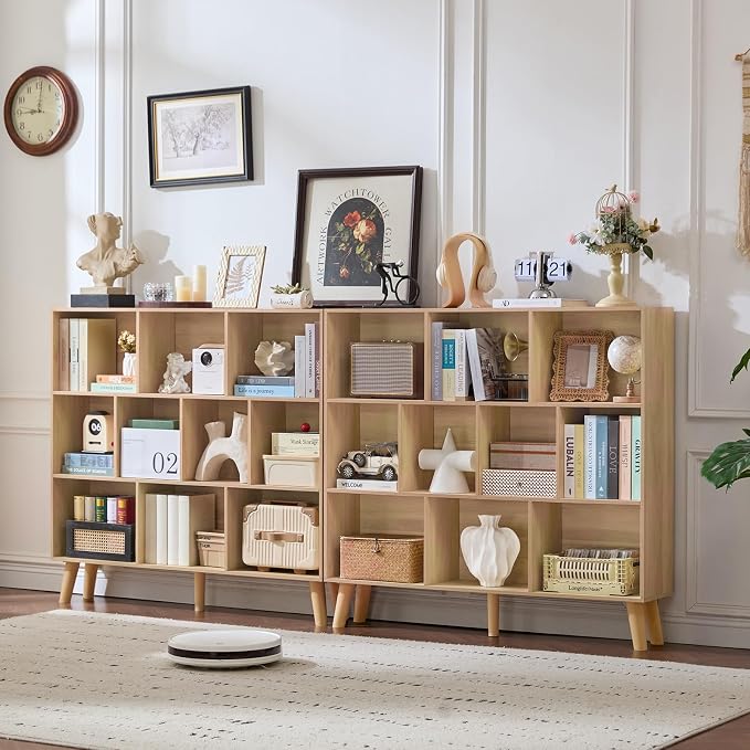 LEYAOYAO 10 Cube Bookshelf,Mid-Century Modern Bookcase with Legs,Light Wood | 3 Tier Book Shelf,Rustic Wood Bookshelves Freestanding Large Storage Organizer, Open Shelves for Bedroom, Living Room, Office