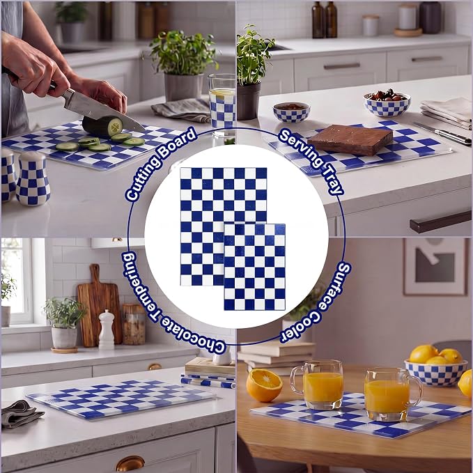Thenshop Set of 2 Tempered Glass Cutting Boards Blue Check Countertop Cutting Boards Heat Resistant with Non-slip Feet for Kitchen Counter Housewarming Wedding Gift 7.9x11inch+11x15 Inch