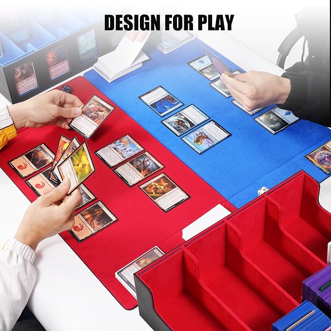 Kabinka Trading Card Storage Box with Commander Display, 4-Row Deck Case with Removable Lid; 2400+ Card Deck Box for MTG TCG Sports Card, 4 Top Loaders, 4 Stoppers, 24 Dividers,1 Dice Bag (Black Red)