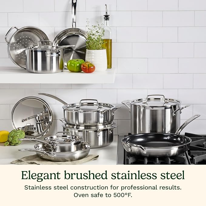 Cuisinart 15-Piece Cookware Set, MultiClad Pro Triple-Ply Stainless Steel Cookware Set, Heat Surround Technology, Cool Grip Stick Handles, Oven Safe up to 500F, MCPS-15N, Silver