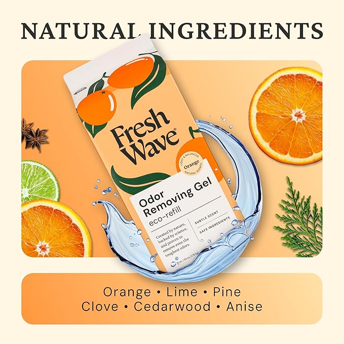 Fresh Wave Odor Removing Gel Eco-Refill, 63 oz. Orange Scent | 4 Empty Refillable Glass Jars | 4 Room Set