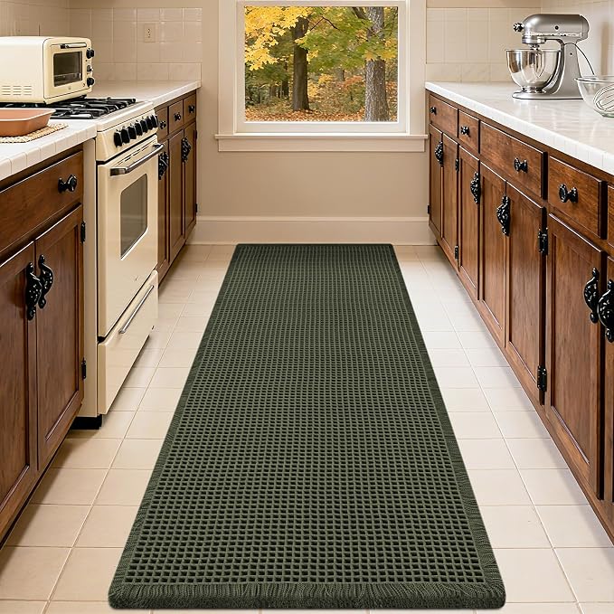 IM HOME Waffle Bath Mat Dark Green 5'x2', Boho Woven Modern Bath Mat Rugs, Absorbent Non Slip Bathroom Rugs, Soft Washable Bath Rugs with Tassels for Bathroom, Bedroom, Kitchen, Shower, Tub