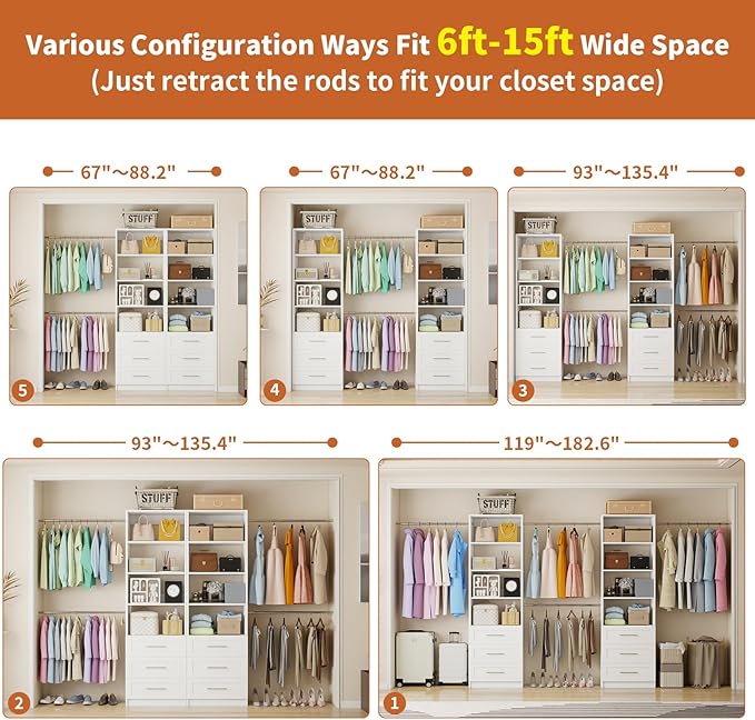 Closet System with 6 Drawers, 5-14FT Custom Closet Organizer System with 8 Expandable Hanging Rods&Adjustable Shelves, Modular Wood Closet Systems Tower for Walk in Closet Storage, 2 Sets, White