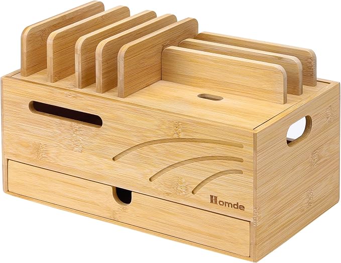Homde Natural Bamboo Charging Station Rack for Multiple Devices Cable Cord Management Box Organizer Holder with 6 Slots Drawer for Chargers Phones Tablets Watches Electronics (Natural)