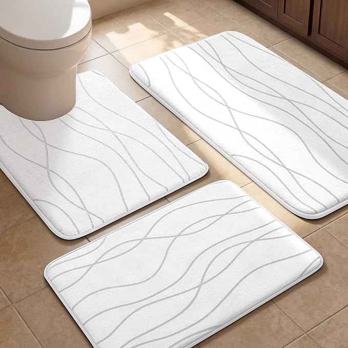 YIHOUSE Bathroom Rugs Set 3 Piece, Memory Foam Bath Mat White | Ultra Soft, Absorbent, Non-Slip, Machine Washable, for Bathroom, Sink and Toilet