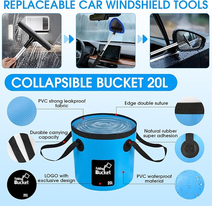 36Pcs Blue Car Wash Detailing Kit，Car Cleaning Set with Foam Gun Sprayer，Long-Handle Brush Mop，Large Collapsible Bucket，Complete Car Wash Supply Gift for Men and Women