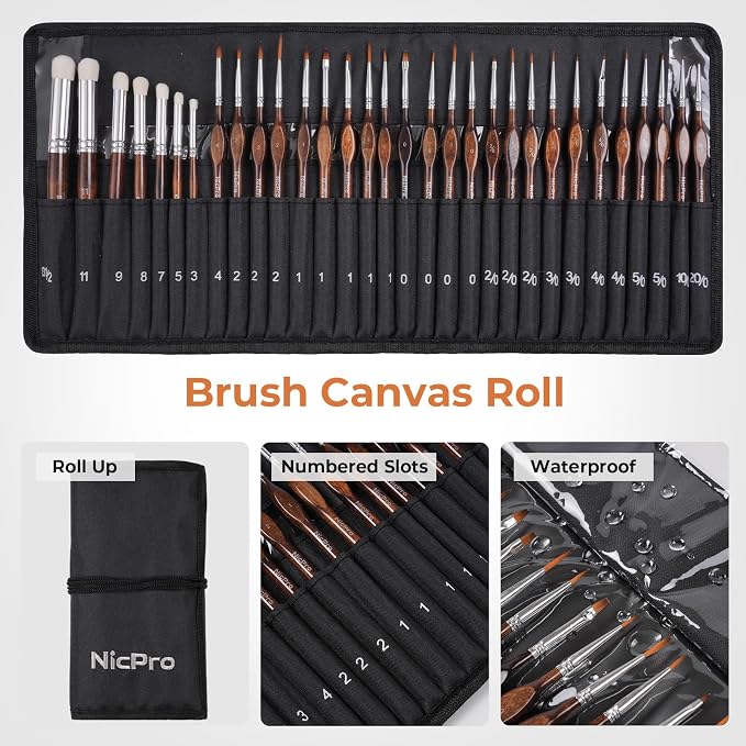 Nicpro Miniature Paint Brushes Dry Brush - 31PCS Model Paint Brush Set with Cloth Roll for Acrylic Oil Watercolor, Detail Paint Brush Drybrush for Model, Miniature Painting, Paint by Numbers, Craft