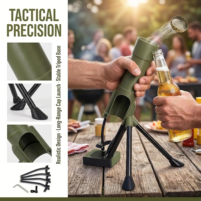 Mortar Bottle Opener Beer Cap Launcher for 12oz Bottles | 2.6In Wide Mortar Muzzle, 4 Adjustable Arms,Heavy Duty Military Bar Decor - Fun Gift for Men, Veterans, Dads