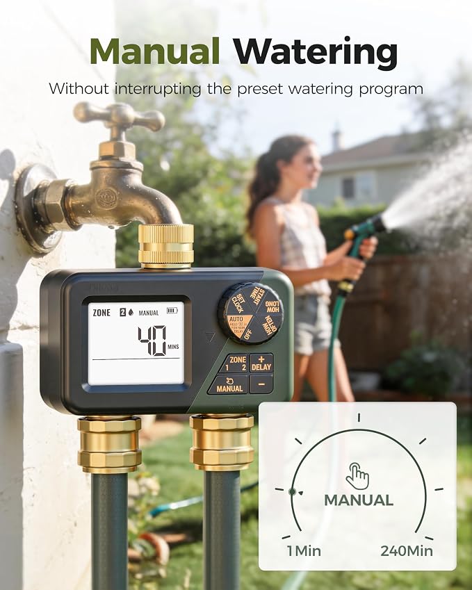 Diivoo Brass Sprinkler Timer 2 Zone, IP66 Waterproof Programmable Water Hose Timer 2 Outlet with Large Display, Rain Delay & Manual Watering for Outdoor Automatic Irrigation of Garden, Lawn, Yard