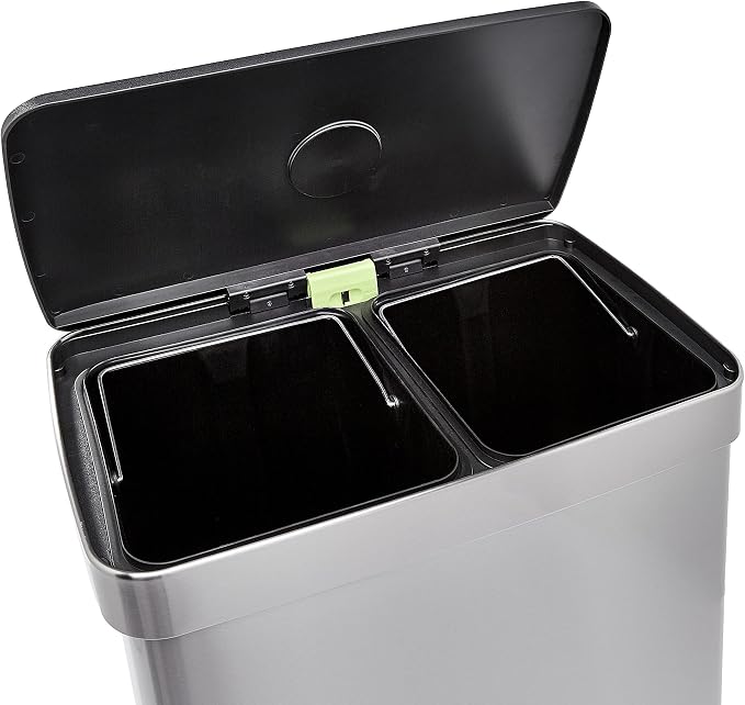 Amazon Basics Dual Compartment Recycling Trash Can with Soft-Close Lid, Fingerprint Resistant, Removable Liner Buckets, 60 Liters, Rectangular, Grey, Silver